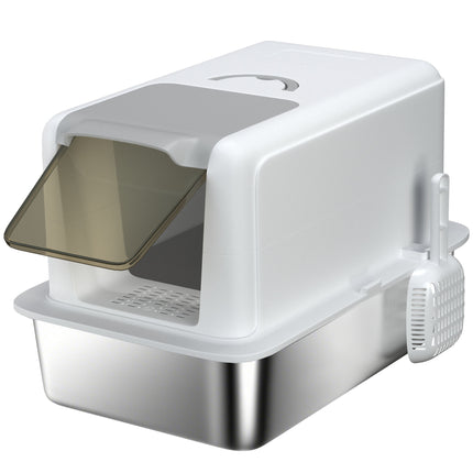 Stainless Steel Cat Litter Box for Larger Cats with Removable Lid, Scoop & Filter Bags - White