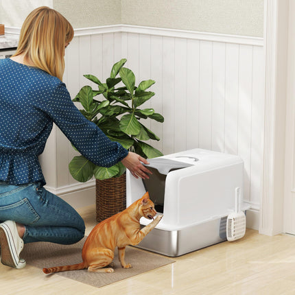 Stainless Steel Cat Litter Box for Larger Cats with Removable Lid, Scoop & Filter Bags - White
