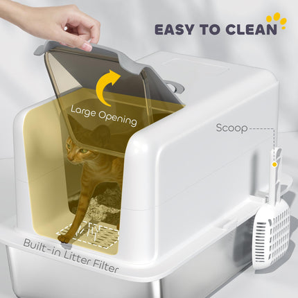 Stainless Steel Cat Litter Box for Larger Cats with Removable Lid, Scoop & Filter Bags - White