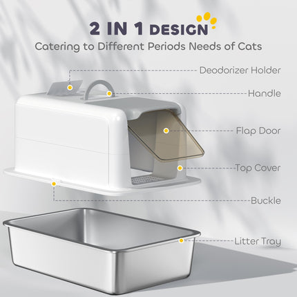 Stainless Steel Cat Litter Box for Larger Cats with Removable Lid, Scoop & Filter Bags - White