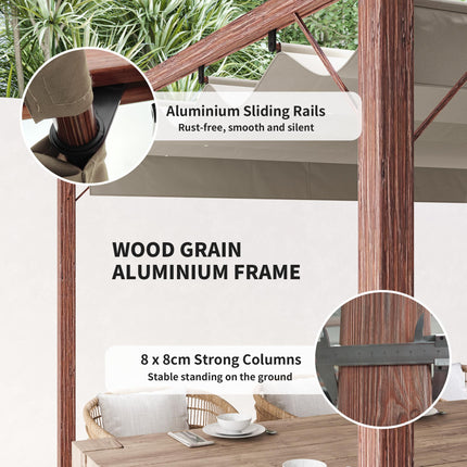 3 x 3 Metre Retractable Roof Pergola with Aluminium Wood Effect Finish - Natural Wood