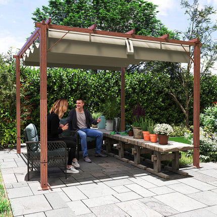 3 x 3 Metre Retractable Roof Pergola with Aluminium Wood Effect Finish - Natural Wood