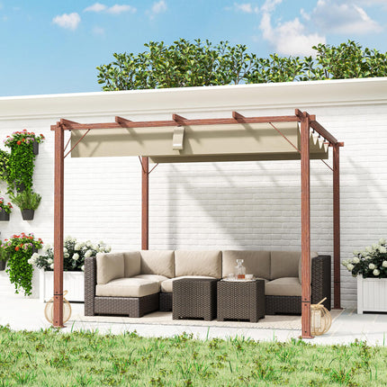 3 x 3 Metre Retractable Roof Pergola with Aluminium Wood Effect Finish - Natural Wood