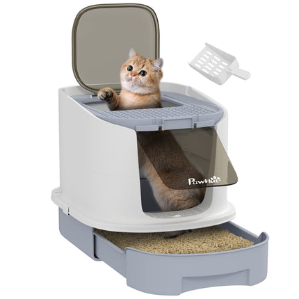 Top Entry Cat Litter Box with Lid, Scoop & Deodorisation Bags - Grey White Black