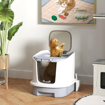 Top Entry Cat Litter Box with Lid, Scoop & Deodorisation Bags - Grey White Black