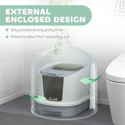 Top Entry Cat Litter Box with Lid, Scoop & Deodorisation Bags - Grey White Black