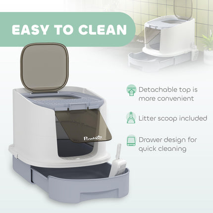 Top Entry Cat Litter Box with Lid, Scoop & Deodorisation Bags - Grey White Black