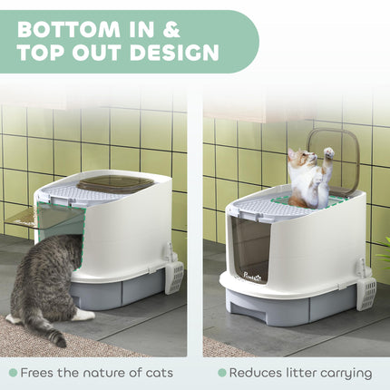 Top Entry Cat Litter Box with Lid, Scoop & Deodorisation Bags - Grey White Black