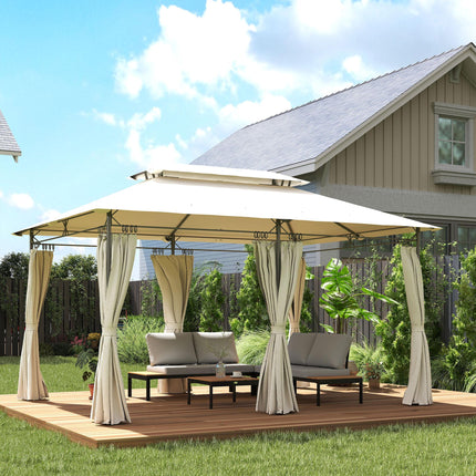 3 x 4m Metal Frame Gazebo with Two-Tier Roof and Removable Curtains - Cream White