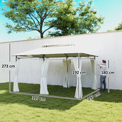 3 x 4m Metal Frame Gazebo with Two-Tier Roof and Removable Curtains - Cream White