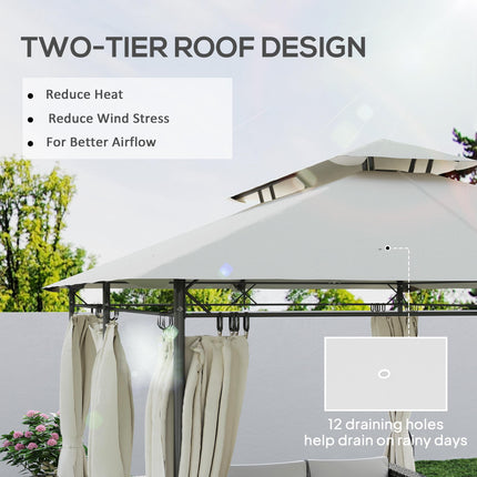 3 x 4m Metal Frame Gazebo with Two-Tier Roof and Removable Curtains - Cream White