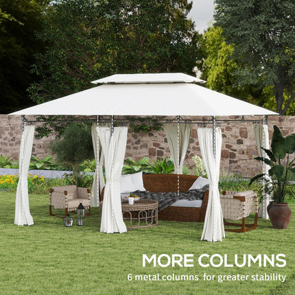 3 x 4m Metal Frame Gazebo with Two-Tier Roof and Removable Curtains - Cream White