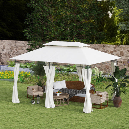 3 x 4m Metal Frame Gazebo with Two-Tier Roof and Removable Curtains - Cream White
