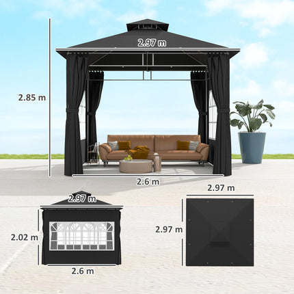 3 x 3 m Garden Gazebo, Double Roof Metal Gazebo with Removable Sidewalls and Chu