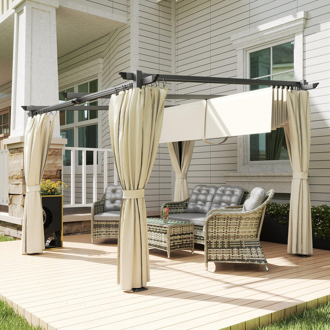 3 x 3 Metre Retractable Roof Pergola with Curtains - Beige
