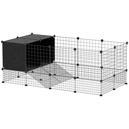 DIY Small Animal C&C Cage with Elevated Huts, 31 Panels for Guinea Pigs, Hedgehogs, Rabbits - Black