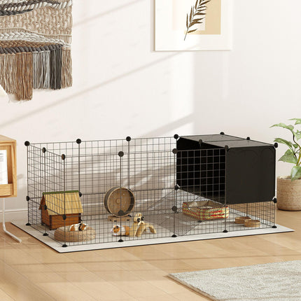 DIY Small Animal C&C Cage with Elevated Huts, 31 Panels for Guinea Pigs, Hedgehogs, Rabbits - Black