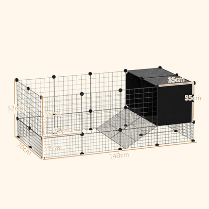 DIY Small Animal C&C Cage with Elevated Huts, 31 Panels for Guinea Pigs, Hedgehogs, Rabbits - Black