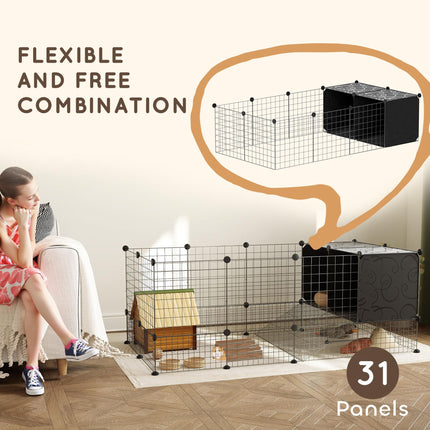 DIY Small Animal C&C Cage with Elevated Huts, 31 Panels for Guinea Pigs, Hedgehogs, Rabbits - Black
