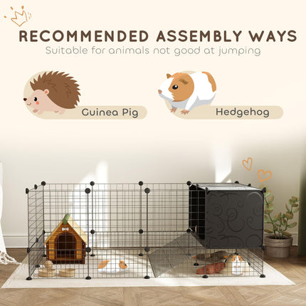 DIY Small Animal C&C Cage with Elevated Huts, 31 Panels for Guinea Pigs, Hedgehogs, Rabbits - Black
