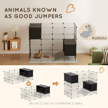 DIY Small Animal C&C Cage with Elevated Huts, 31 Panels for Guinea Pigs, Hedgehogs, Rabbits - Black