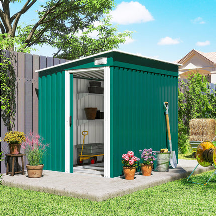 7 x 5ft Galvanised Metal Garden Shed with Sliding Door and Ventilation - Green