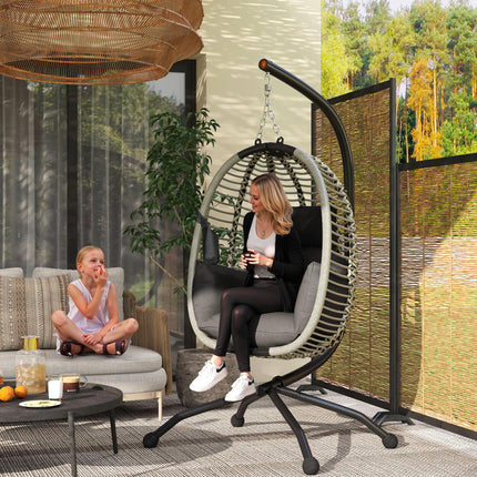 Outdoor Hanging Egg Chair with Padded Cushion and Metal Stand - Dark Grey