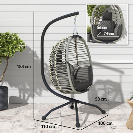 Outdoor Hanging Egg Chair with Padded Cushion and Metal Stand - Dark Grey