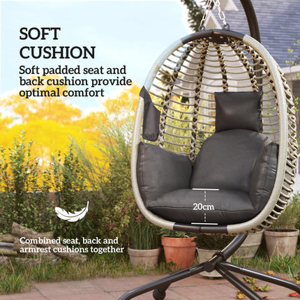 Outdoor Hanging Egg Chair with Padded Cushion and Metal Stand - Dark Grey