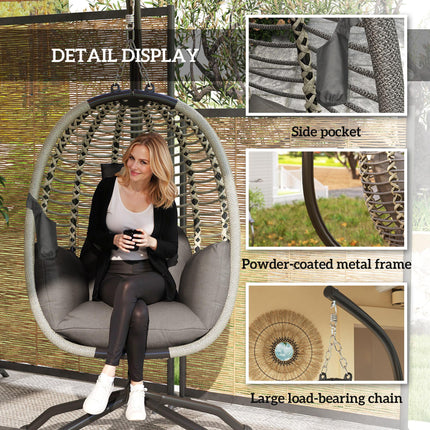 Outdoor Hanging Egg Chair with Padded Cushion and Metal Stand - Dark Grey