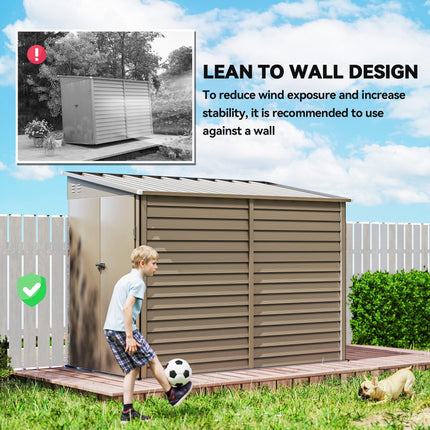 5 x 9ft Galvanised Metal Garden Shed with Foundation Kit, Outdoor Lean-to Shed, Tool Storage House for Garden, Brown