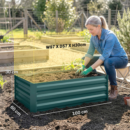 Set of 2 Galvanised Steel Raised Garden Planters 30x100cm - Green