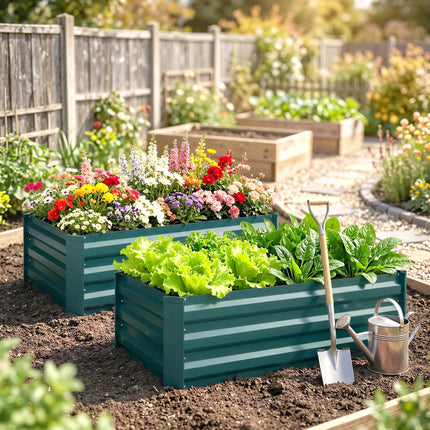 Set of 2 Galvanised Steel Raised Garden Planters 30x100cm - Green