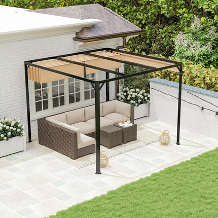 3 x 3 Metre Aluminium Pergola with Retractable Roof and Wall - Khaki