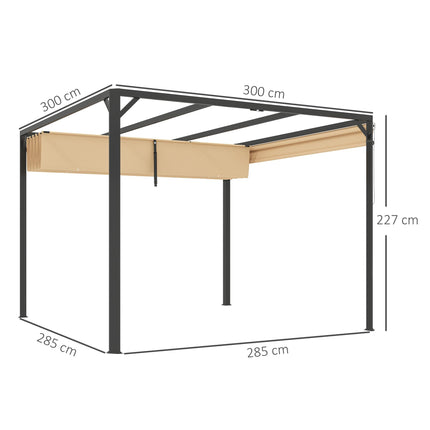 3 x 3 Metre Aluminium Pergola with Retractable Roof and Wall - Khaki