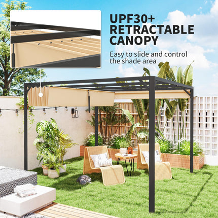 3 x 3 Metre Aluminium Pergola with Retractable Roof and Wall - Khaki