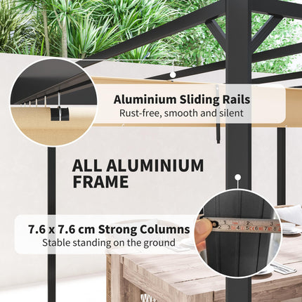 3 x 3 Metre Aluminium Pergola with Retractable Roof and Wall - Khaki