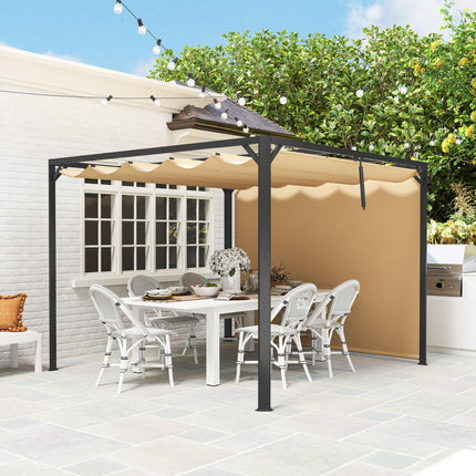 3 x 3 Metre Aluminium Pergola with Retractable Roof and Wall - Khaki
