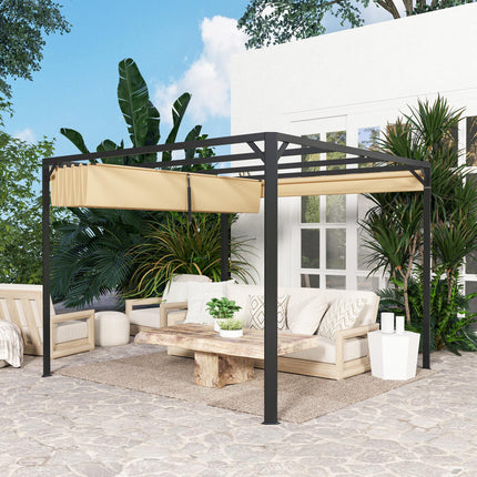 3 x 3 Metre Aluminium Pergola with Retractable Roof and Wall - Khaki