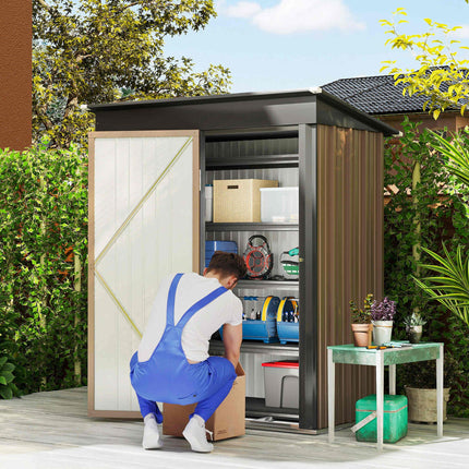 5x3ft Corrugated Steel Lean-To Storage Shed with Lock - Brown