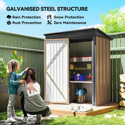 5x3ft Corrugated Steel Lean-To Storage Shed with Lock - Brown