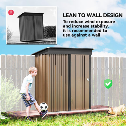 5x3ft Corrugated Steel Lean-To Storage Shed with Lock - Brown