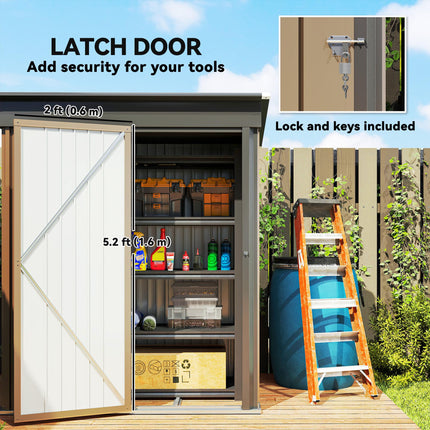 5x3ft Corrugated Steel Lean-To Storage Shed with Lock - Brown