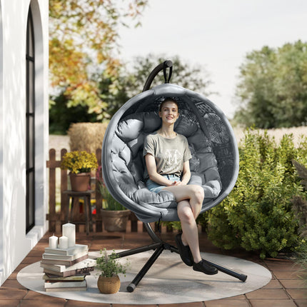 Round Egg Basket Chair with Steel Stand and Padded Cushion - Charcoal Grey