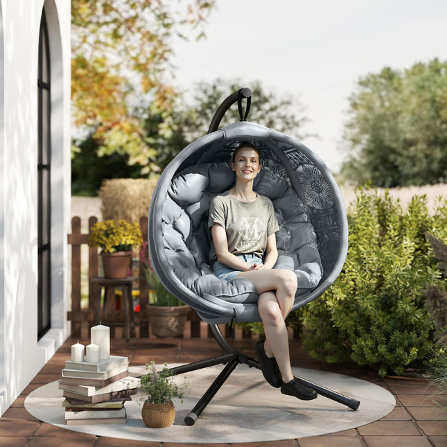 Round Egg Basket Chair with Steel Stand and Padded Cushion - Charcoal Grey