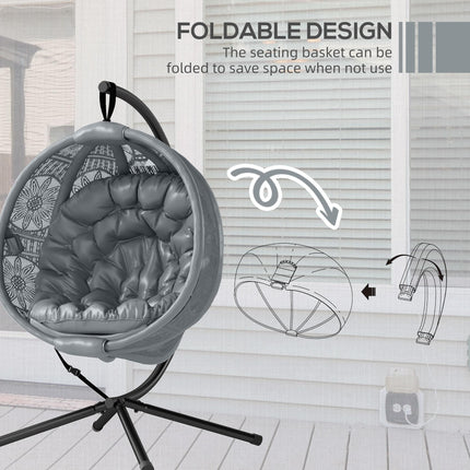 Round Egg Basket Chair with Steel Stand and Padded Cushion - Charcoal Grey