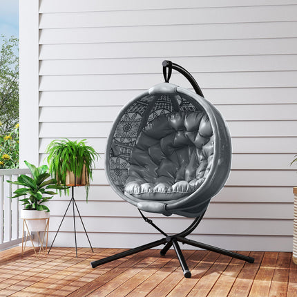 Round Egg Basket Chair with Steel Stand and Padded Cushion - Charcoal Grey
