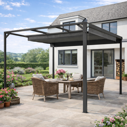 3 x 3m Aluminium Pergola with Retractable Roof and Wall - Dark Grey
