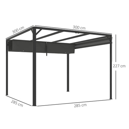 3 x 3m Aluminium Pergola with Retractable Roof and Wall - Dark Grey