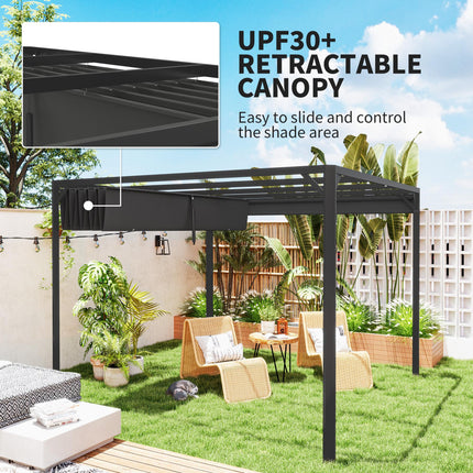 3 x 3m Aluminium Pergola with Retractable Roof and Wall - Dark Grey